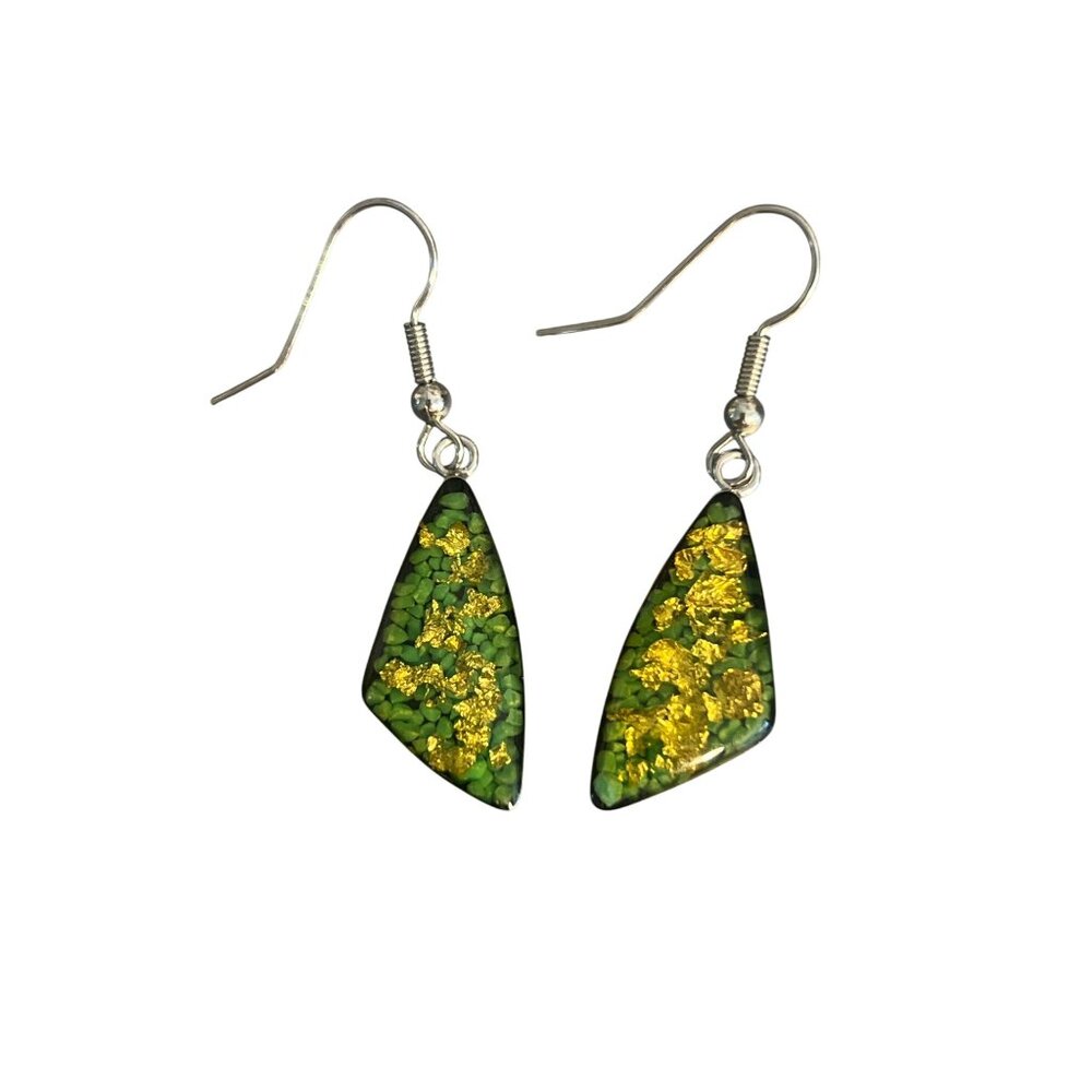 Vintage Silver Tone Green Clear Resin Drop Earrings Gold Leaf Estate Hook 2"